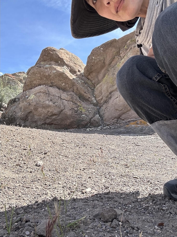 Ana peeking into frame, rocks in the background.